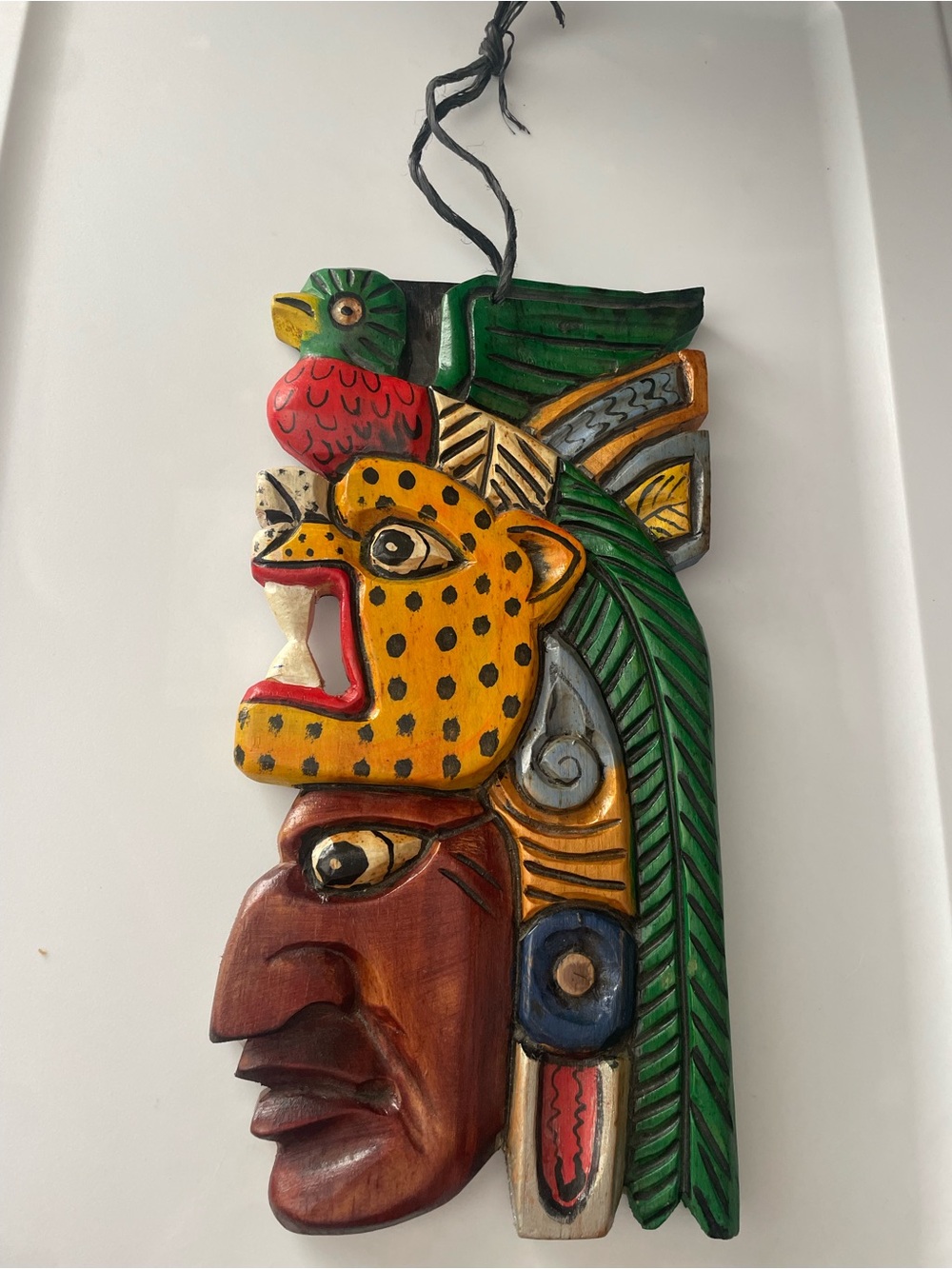 Hand-Carved in Peru Multicolor Jaguar & Headdress Wall Plaque. Wood.